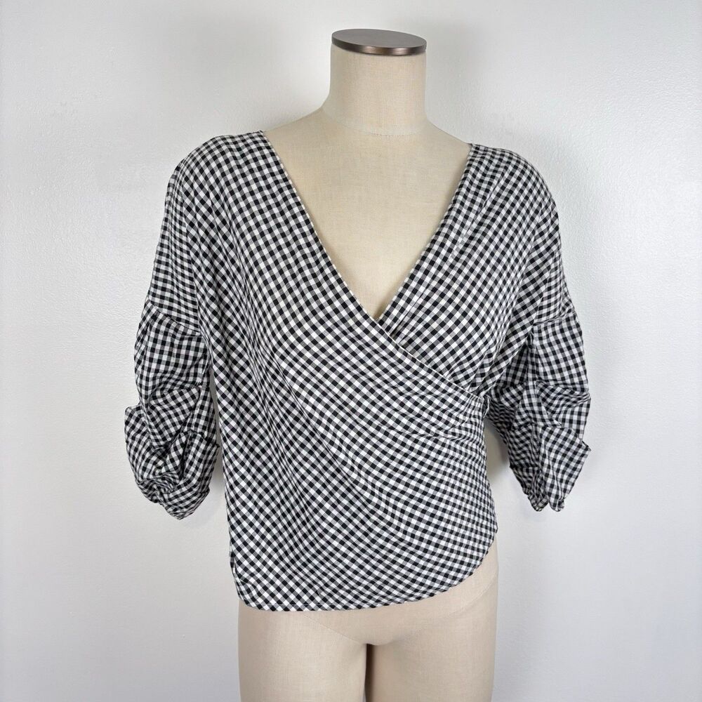 Active USA Womens Size Small Black White Gingham Wrap Blouse Shirt No Belt